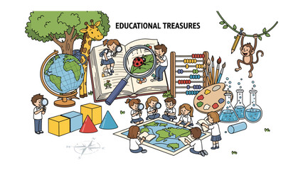 Educational Treasures of Discovery: A vibrant collage of children engaging with learning tools and elements, from globes and magnifying glasses to a playful monkey on a vine. © asad