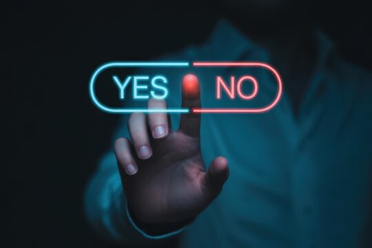 Man making a choice between Yes and No options on a virtual touch screen