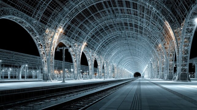Expansive futuristic railway station interior with vaulted ceiling and train tracks