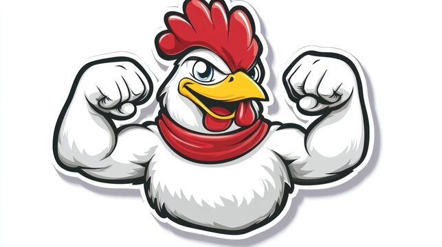 Cartoon chicken flexing muscles, humorous, fun, illustration