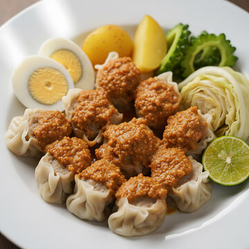 Siomay Baso Tahu Bandung traditional West Java steamed fish dumpling with peanut sauce, Indonesian street food