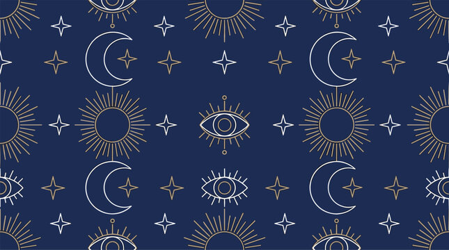 Luminous crescent moons and protective mystic eyes are woven into a celestial tapestry, drifting across a deep midnight blue expanse to celebrate National Moon Day.