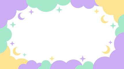 Fototapeta premium Celestial pastel cloud frame featuring crescent moons and twinkling stars for National Moon Day.