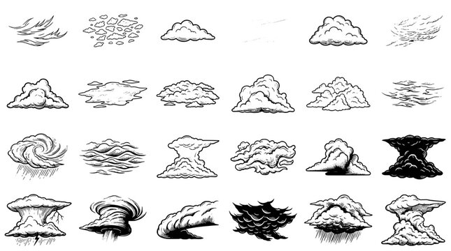 Clouds hand drawn set with black curved lines and various stormy weather conditions, including cumulus and stratus formations.