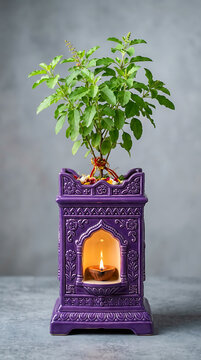 Holy Basil Tulsi Plant in Ornate Purple Ceramic Tulsi Vrindavan Planter with Lit Clay Diya. Premium Spiritual Indian Aesthetic Photography of Sacred Green Tulsi in Decorative Carved Pot.