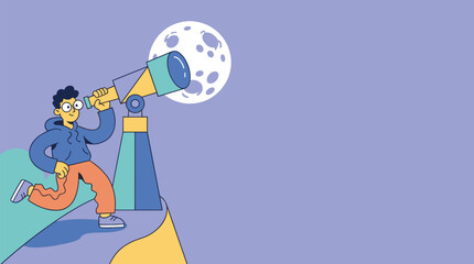 Fototapeta premium Curious wide-angle landscape perspective of a character stargazing with a telescope, featuring a massive lunar surface and extensive negative space for National Moon Day concept.