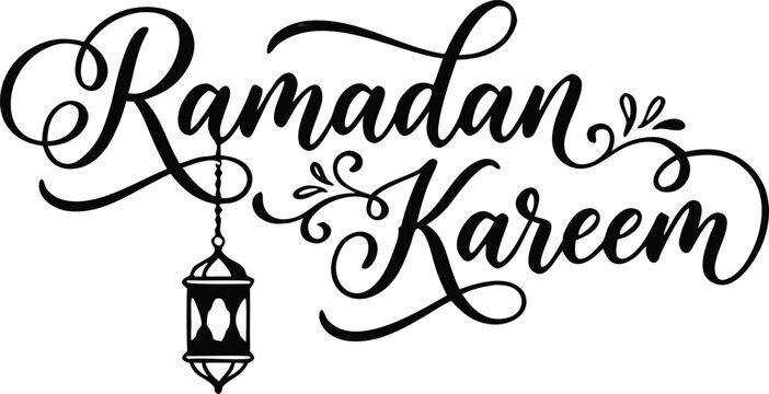 Ramadan Kareem elegant script calligraphy typography with hanging lantern silhouette vector illustration for Islamic greeting cards