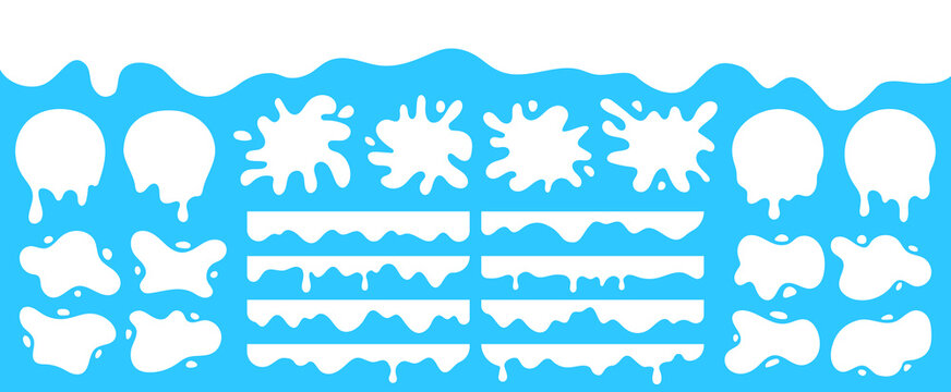 White dripping liquid, milk splash, borders flat design set