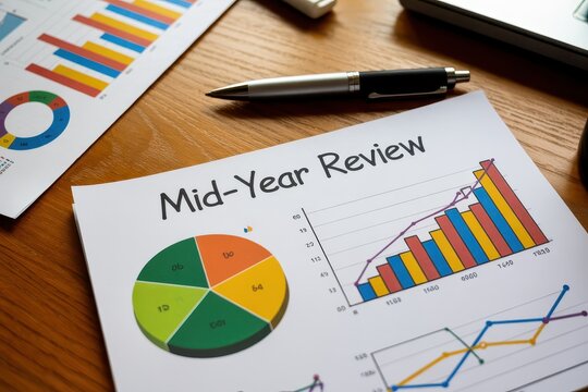 Professional mid year review business report with graphs and charts on wooden desk