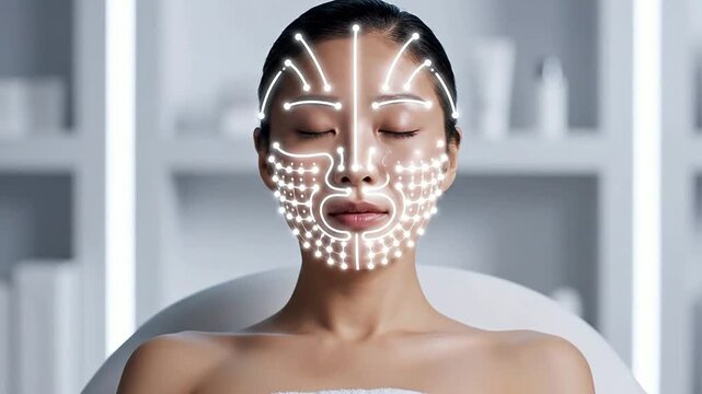 Relaxed Woman Receiving Innovative Facial Treatment with Illuminated Mapping in Modern Spa Setting