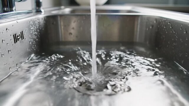 Close-up of Water Running from Faucet Into Stainless Steel Kitchen Sink with Bubbles and Reflections