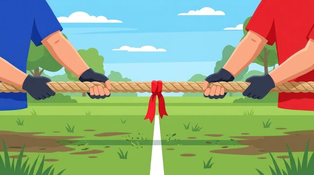 Tug of War Competition: Two teams pulling rope in green park, summer outdoor activity