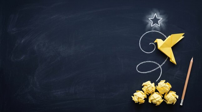 Yellow origami bird flying above crumpled paper balls on a dark blackboard background for a creative back to school concept