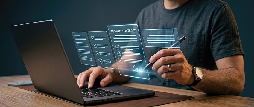 Digital contract signing action home office location business content type modern environment close-up viewpoint technology concept for legal efficiency
