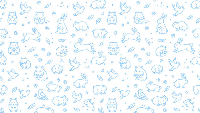 Playful blue doodle pattern featuring assorted animals and whimsical shapes.