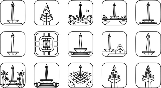 Monas Jakarta Indonesia Monument Line Art Icons Set Vector