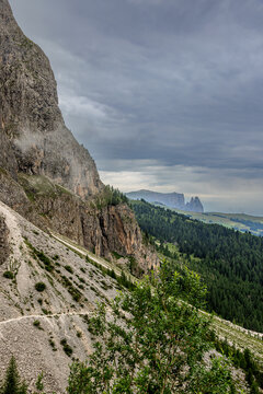 View from the Langkofel towards the peaks of the Schlern on the Seiser Alm, Dolomites, South Tyrol, Italy.