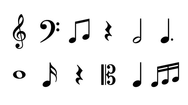 Musical note icons set with varied shapes and staff symbols for rhythm, music education, and design use