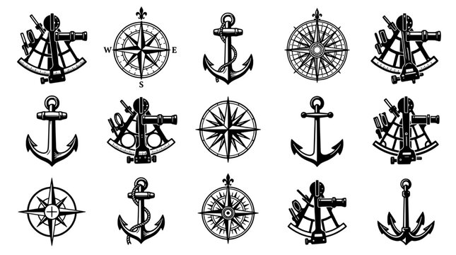 Nautical symbols set with anchors, compasses, and sextants in vintage style featuring anchor, compass, sextant with maritime and navigation elements