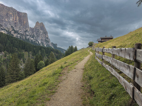Hiking trail with view to the Schlern on the Seiser Alm in the Dolomites, South Tyrol, Italy.