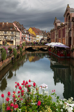 Colourful half-timbered houses at the Quai de la Poissonnerie at the river Lauch in Colmar, Alsace, France.