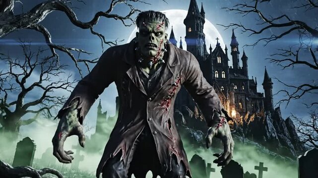 Spooky Frankenstein's Monster Standing in Front of a Haunted Castle and Graveyard on Halloween Night