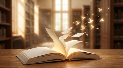 Open book with magical glowing pages transforming into paper birds in a library setting for back to school season concept