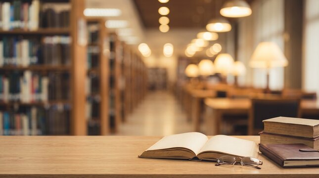 Open book with reading glasses and stacked journals resting on a wooden table inside a quiet and peaceful university library