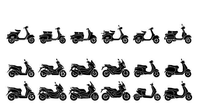 Scooters set with various designs and styles in black silhouette featuring transportation, vehicles, motorcycles with two-wheeler and urban elements