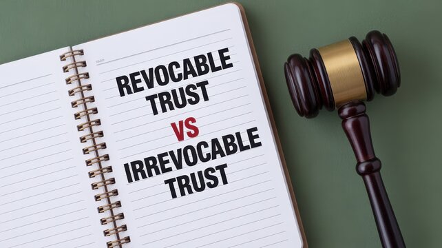 Revocable trust versus irrevocable trust legal concept displayed on a notebook with a wooden gavel