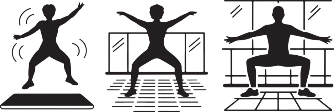 Modern fitness exercise workout jumping and squat training people icons set in solid style