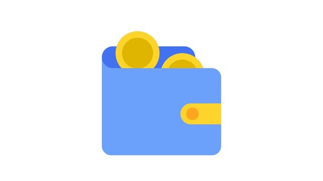 Animated blue wallet with gold coins isolated on white background
