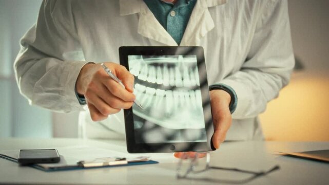 In a bright medical office, a doctor in a white coat sits with a patient, showing a panoramic X-ray on a tablet. He points out problem areas and discusses tailored treatment options, emphasizing care