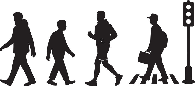 People silhouettes men walking running and commuting at crosswalk with traffic light on white