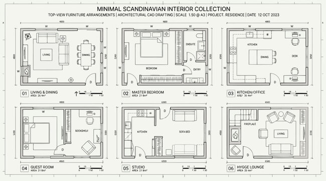 Minimal scandinavian interior collection with topview furniture arrangements