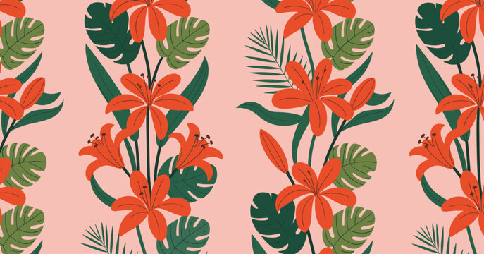 Seamless Pattern of Orange Lilies and Tropical Leaves on a Pink Background floral lily