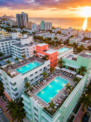 Naklejka premium Rooftop hotel pools with adult guests sunbathing on loungers at dusk overlooking ocean and pastel art-deco buildings relaxing coastal sunset atmosphere