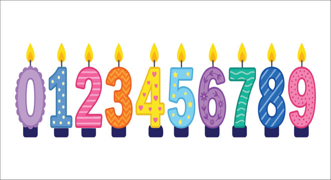 Colorful number candles zero through nine isolated on white