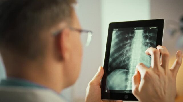 A specialist doctor carefully examines an x-ray of the lumbar spine on a tablet monitor, using innovative touch technology to enhance detail and guide precise, topical treatment planning