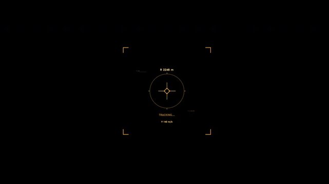 Animated amber targeting reticle with a central crosshair, scanner ring, and dynamic data readouts for distance and velocity. Loops seamlessly for compositing as a transparent overlay.