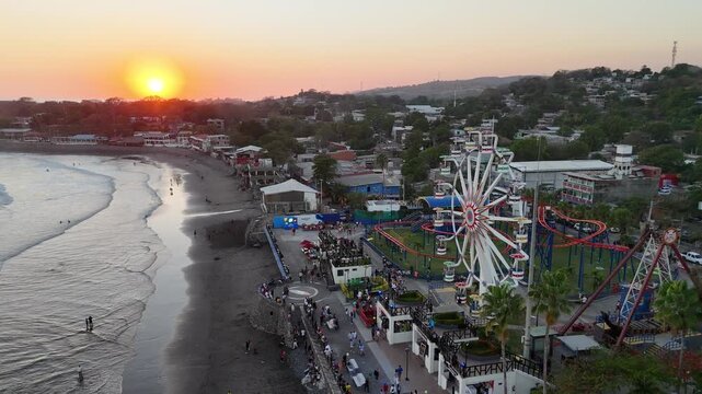 Aerial View of Sunset Park in La Libertad, El Salvador with Ferris Wheel, Tourism investment