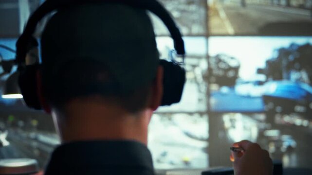 In video surveillance room, man wearing headphones closely monitors traffic feeds, swiftly identifying potential dangers on road. His focused attention enables rapid response to emerging situations