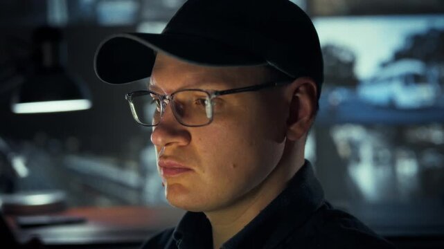 In a video surveillance control room, an employee wearing glasses and protective attire studies a glowing screen while rows of monitors display live feeds, underscoring security oversight