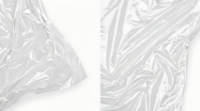 Close-up of crumpled transparent plastic wrap texture with transparent crumpled background packaging synthetic abstract wrinkled polythene material flexible chemical industrial