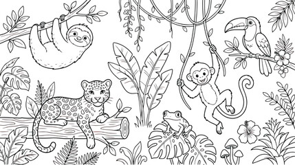 Fototapeta premium Jungle animals coloring page vector, tropical rainforest wildlife outline illustration, cute exotic animals in nature scene for kids activity