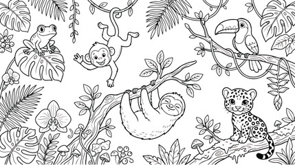 Jungle coloring page for kids with cute wild animals, tropical rainforest scene with monkey sloth and leopard, black and white outline vector illustration © Ch