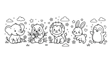Cute baby animals coloring page vector, adorable cartoon zoo animal characters line art, nursery illustration with elephant panda lion rabbit and penguin © Ch