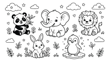 Cute baby animals coloring page vector, adorable cartoon zoo and wild animal characters, black and white outline illustrations for kids activity © Ch