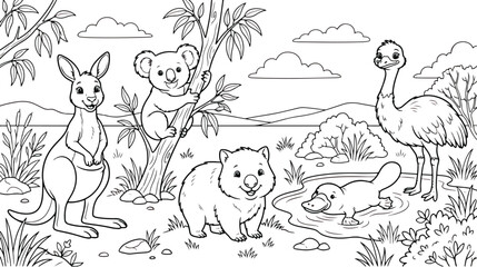 Australian animals coloring page vector, cute kangaroo koala wombat platypus and emu in outback landscape, educational wildlife line art illustration © Ch