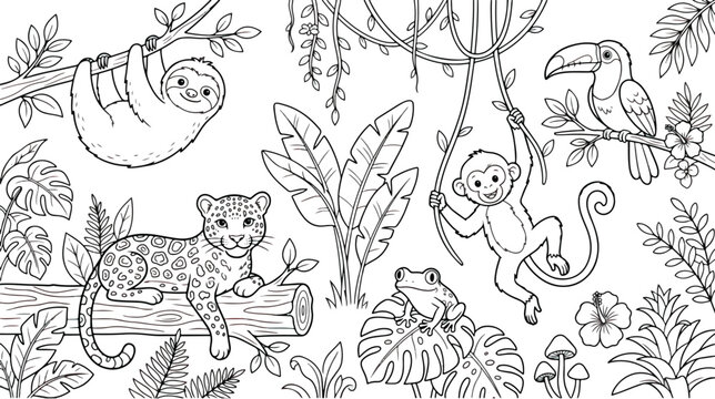 Jungle animals coloring page vector, tropical rainforest wildlife outline illustration, cute exotic animals in nature scene for kids activity